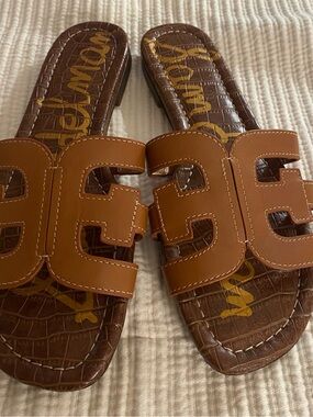 Sam Edelman Tan and Brown Leather Slide Sandals